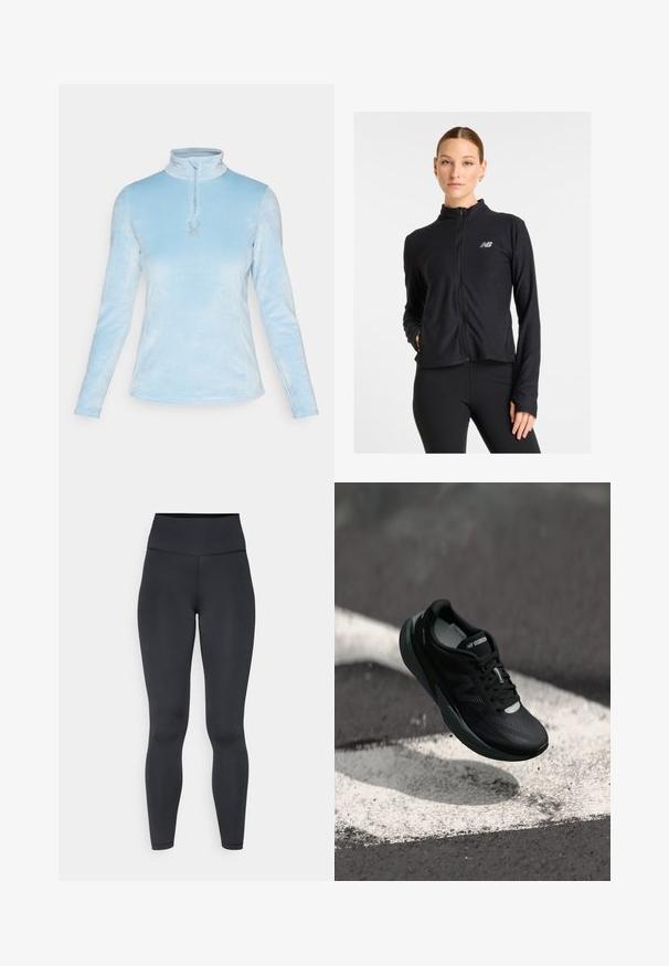 Juodas užtrauktuku užsegamas džemperis, pagamintas iš lengvos medžiagos, su aukštu apykaklė, ilgomis rankovėmis ir mažuoju logotipu kairėje krūtinės pusėje.; Spyder SHIMMER BUG 1/2 ZIP - Flisinis džemperis - blue drift; Aukštos juosmens juodos legginsai, pagaminti iš tamprios medžiagos, pasižymintys lygiu paviršiumi ir Prigludusia forma, su minimaliais siuvimo elementais.; Juodas bėgimo batelis su tekstūruotu viršumi, elegantišku dizainu ir atspindinčiomis detalėmis. Yra minkštas, paminkštintas padas patogumui.