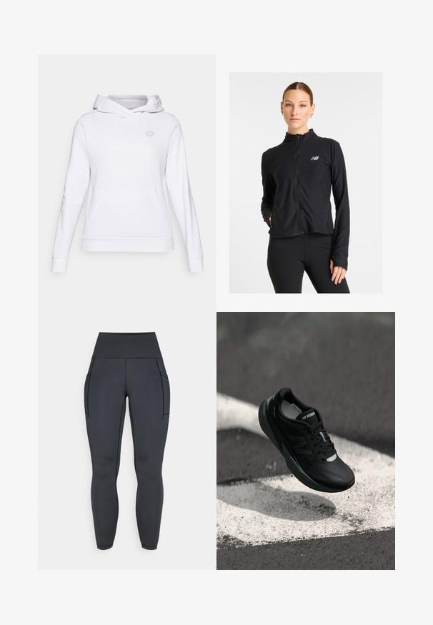 Chaqueta negra de cremallera fabricada con un tejido ligero, que presenta un cuello alto, mangas largas y un pequeño logotipo en el lado izquierdo del pecho.; Sudadera blanca con capucha hecha de una tela suave, con un bolsillo tipo canguro, puños y dobladillo acanalados, y un pequeño logo gris en el pecho.; Leggings negros de cintura alta hechos de una tela elástica y suave. Cuenta con dos bolsillos laterales y costuras de contraste a lo largo de las costuras.; Zapatilla de correr negra con un upper texturizado, diseño elegante y acentos reflectantes. Presenta una suela suave y acolchada para mayor comodidad.