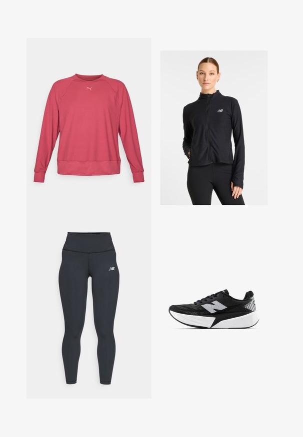 Black zip-up jacket made from a lightweight fabric, featuring a high collar, long sleeves, and a small logo on the left chest.; Pink long-sleeve sweatshirt with a crew neck, ribbed cuffs and hem, made from soft fabric; features a small logo on the chest.; Black athletic leggings with a high waistband, featuring a smooth texture and a small white New Balance logo on the thigh.; Black and white New Balance running shoe with thick sole, mesh upper, and "N" logo on the side, viewed from the outer side.