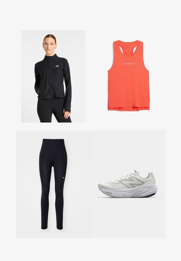 Čierna bunda na zips vyrobená z ľahkého materiálu, s vysokým golierom, dlhými rukávmi a malým logom na ľavej hrudi.; Bezrukávový športový top v jasne oranžovej sieťovine, s okrúhlym výstrihom a bielym grafickým textom "PUSHING THE PACE."; Puma SHAPELUXE SEAMLESS - Legíny - black; Biele športové topánky s sieťovaným zvrškom, vybavené polstrovaným golierom, textúrovanou podrážkou a brandingom "Fresh Foam" na medzipodrážke.