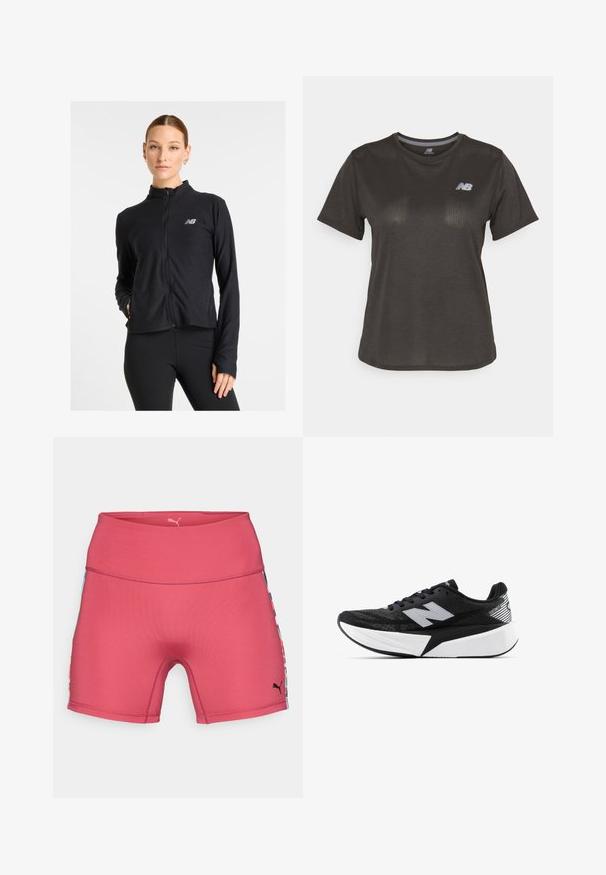 Chaqueta negra de cremallera fabricada con un tejido ligero, que presenta un cuello alto, mangas largas y un pequeño logotipo en el lado izquierdo del pecho.; Camiseta deportiva negra de manga corta, hecha de un tejido ligero. Presenta un sutil patrón texturizado y un pequeño logo blanco en el pecho.; Pantalones cortos deportivos rosas con una cintura alta, que cuentan con paneles laterales de un patrón colorido y un detalle de logo negro en la parte inferior derecha.; Zapatilla de running New Balance en blanco y negro con suela gruesa, parte superior de malla y logo "N" en el lateral, vista desde el lado exterior.
