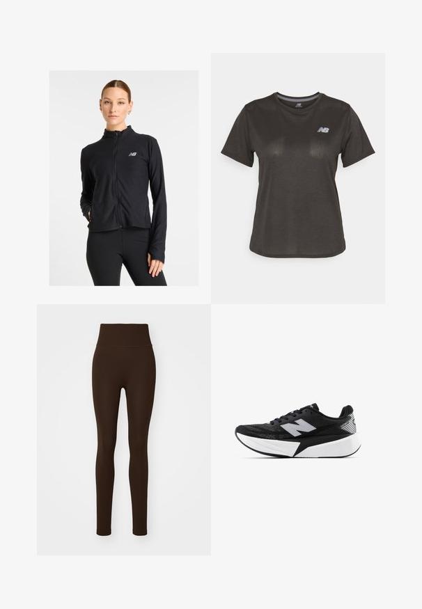 Must mustusega kapuutsiga jakk, valmistatud kergest kangast, millel on kõrge kaelus, pikad varrukad ja väike logo vasakul rinnal.; Must musta t-särk lühikeste varrukatega, valmistatud kergest kangast. Omab peent tekstuuriga mustrit ja väikest valget logo rinnal.; Puma SHAPELUXE SEAMLESS - Retuusid - espresso brown; Mustvalge New Balance jooksujalats, millel on paks tallar ja võrkkangast ülemine osa, ning külgvaates on näha ka „N” logo.