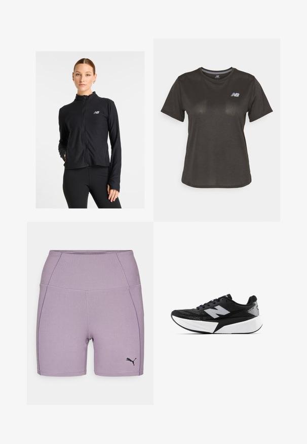 Sort bæltetaske lavet af et letvægtsstof, med høj krave, lange ærmer og et lille logo på venstre bryst.; Sort atletisk t-shirt med korte ærmer, lavet af letvægtsstof. Har et subtilt struktureret mønster og et lille hvidt logo på brystet.; Lilac atletik shorts lavet af strækbart stof, med høj talje, flade sømme og et lille sort logo på venstre side.; Sort og hvid New Balance løbesko med tyk sål, mesh-overdel og "N"-logo på siden, set fra ydersiden.