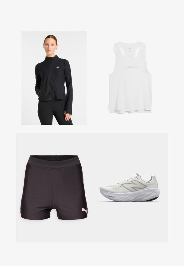 Černá zipová bunda vyrobená z lehkého materiálu, s vysokým límcem, dlouhými rukávy a malým logem na levé straně hrudi.; Bílý sportovní top bez rukávů s kulatým výstřihem a designem na zadní straně, na hrudníku s nápisem "PUSHING THE PACE" v růžové barvě.; Černé sportovní šortky z hladkého, elastického materiálu, s síťovaným pasem a zlatým logem Puma v levém dolním rohu.; Bílé sportovní boty s síťovaným svrškem, vybavené polstrovaným límcem, texturovanou podrážkou a logem "Fresh Foam" na mezipodešvi.