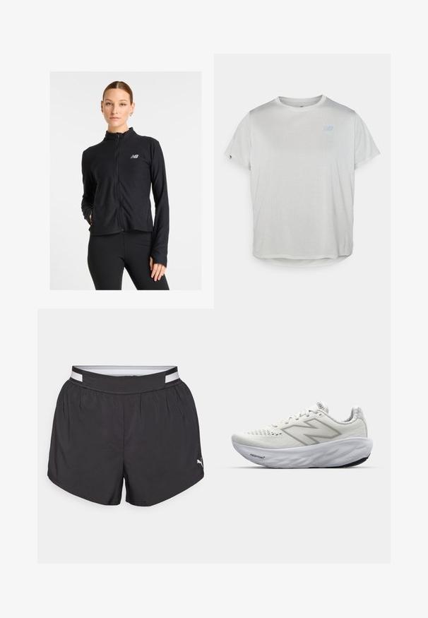 Chaqueta negra de cremallera fabricada con un tejido ligero, que presenta un cuello alto, mangas largas y un pequeño logotipo en el lado izquierdo del pecho.; Camiseta deportiva de manga corta en gris claro, con una tela de malla texturizada y un sutil logo azul en la parte frontal. Dobladillo redondeado en la parte inferior.; Shorts deportivos negros con un tejido suave y ligero. Cuenta con una cintura elástica y una franja de acento blanca en la parte superior. Pequeño logo en el lateral.; Zapatillas deportivas blancas con parte superior de malla, que cuentan con un cuello acolchado, suela texturizada y la marca "Fresh Foam" en la entresuela.