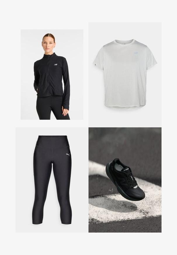 Schwarze Zip-Jacke aus leichtem Material, mit hohem Kragen, langen Ärmeln und einem kleinen Logo auf der linken Brust.; Helles graues, kurzärmliges Sport-T-Shirt aus strukturiertem Mesh-Stoff mit einem dezenten blauen Logo auf der Vorderseite. Rund geschnitten am unteren Saum.; Schwarze Sportleggings aus dehnbarem Material mit hoher Taille, enganliegendem Schnitt und dezentem weißen Logo an der Seite.; Schwarzer Laufschuh mit strukturiertem Obermaterial, schlankem Design und reflektierenden Akzenten. Verfügt über eine weiche, gepolsterte Sohle für Komfort.