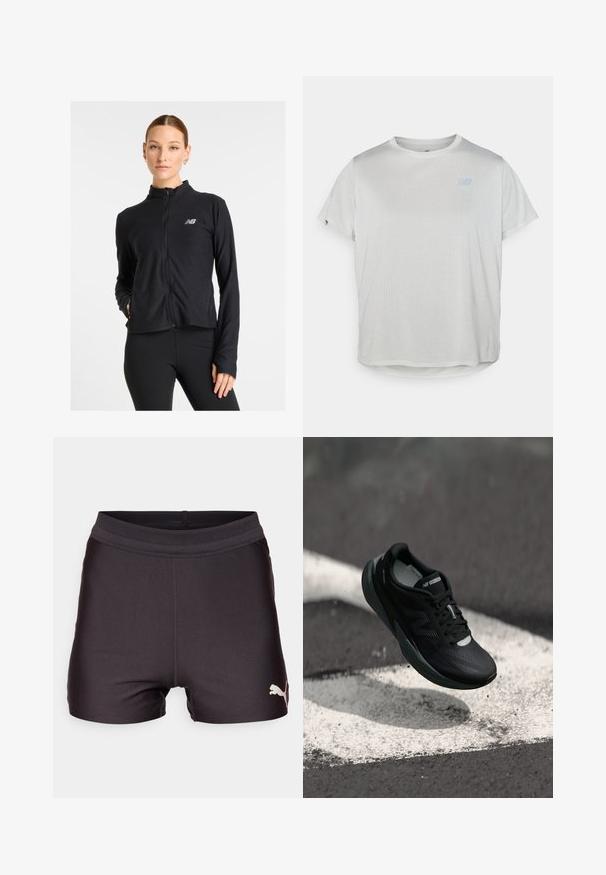 Čierna bunda na zips vyrobená z ľahkého materiálu, s vysokým golierom, dlhými rukávmi a malým logom na ľavej hrudi.; Svetlošedé športové tričko s krátkym rukávom z textúrovaného sieťového materiálu a jemným modrým logom na prednej strane. Zaoblený lem na spodnej strane.; Čierne športové šortky s hladkým, elastickým materiálom, s mrežovým pásom a zlatým logom Puma v ľavom dolnom rohu.; Čierne bežecké topánky s textúrovaným zvrškom, štíhlym dizajnom a reflexnými detailmi. Obsahujú mäkkú, odpruženú podrážku pre maximálne pohodlie.