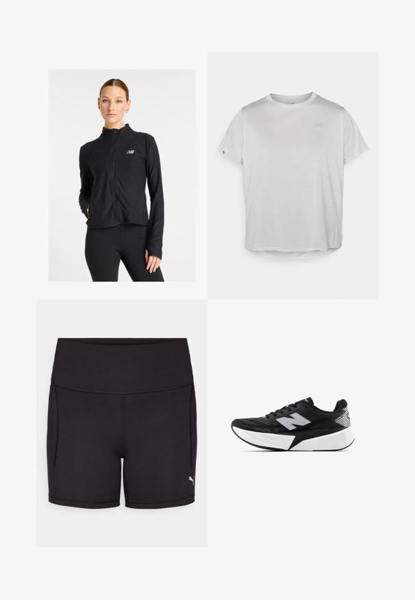 Jaqueta preta com fecho de correr, feita de um tecido leve, apresenta um gola alta, mangas longas e um pequeno logótipo no lado esquerdo do peito.; T-shirt atlético cinza-claro de mangas curtas com um tecido de malha texturizada e um logótipo azul subtil na frente. Barra arredondada na parte inferior.; Puma Leggings - black; Sapatilha de corrida New Balance em preto e branco, com sola espessa, parte superior de malha e logótipo "N" de lado, vista do lado externo.