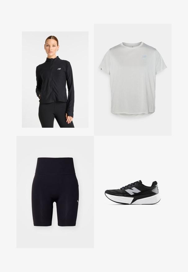 Jaqueta preta com fecho de correr, feita de um tecido leve, apresenta um gola alta, mangas longas e um pequeno logótipo no lado esquerdo do peito.; T-shirt atlético cinza-claro de mangas curtas com um tecido de malha texturizada e um logótipo azul subtil na frente. Barra arredondada na parte inferior.; Puma SEAMLESS SHORT - Leggings - black vapor cat; Sapatilha de corrida New Balance em preto e branco, com sola espessa, parte superior de malha e logótipo "N" de lado, vista do lado externo.