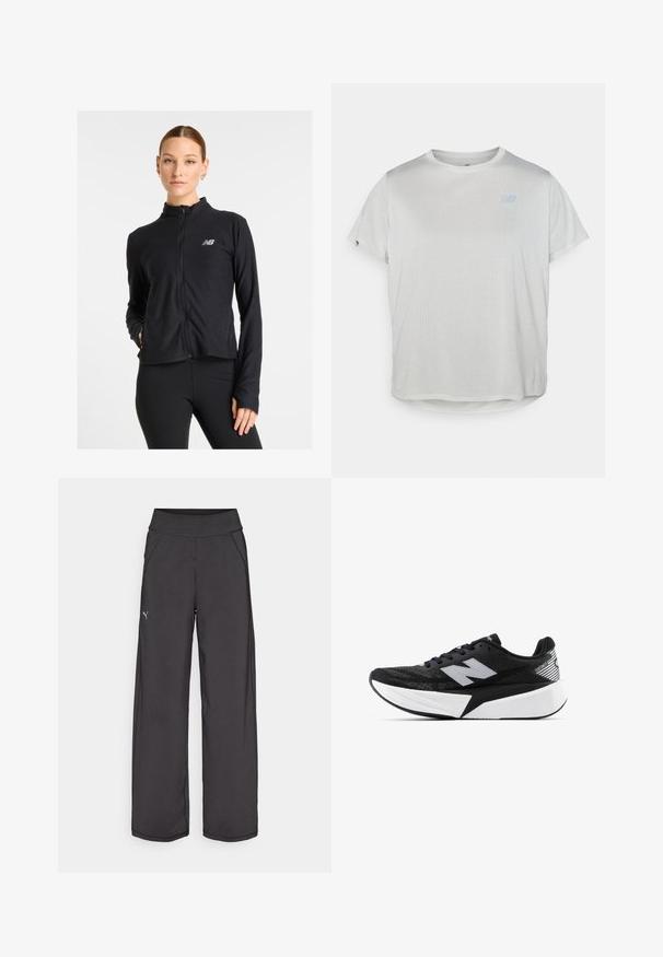 Jaqueta preta com fecho de correr, feita de um tecido leve, apresenta um gola alta, mangas longas e um pequeno logótipo no lado esquerdo do peito.; T-shirt atlético cinza-claro de mangas curtas com um tecido de malha texturizada e um logótipo azul subtil na frente. Barra arredondada na parte inferior.; Calças atléticas pretas com uma cintura larga, bolsos laterais e costuras planas. Apresenta um pequeno logo na perna esquerda. Feitas de um tecido suave e elástico.; Sapatilha de corrida New Balance em preto e branco, com sola espessa, parte superior de malha e logótipo "N" de lado, vista do lado externo.