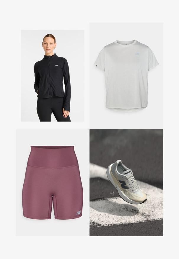 Zwarte zip-up jack gemaakt van een lichtgewicht stof, met een hoge kraag, lange mouwen en een klein logo op de linkerkant van de borst.; Lichtgrijs, korte mouwen sport t-shirt van een gestructureerde mesh stof met een subtiele blauwe logo aan de voorkant. Ronde zoom aan de onderkant.; Hoge taille sportshorts in gedempt paars, met een gladde, rekbare stof en een klein logo op de onderkant van het linkerbeen.; New Balance hardloopschoen met een lichtgrijze mesh-bovenkant, crèmekleurige tussenzool, donkergrijze accenten en een slank, aerodynamisch ontwerp.