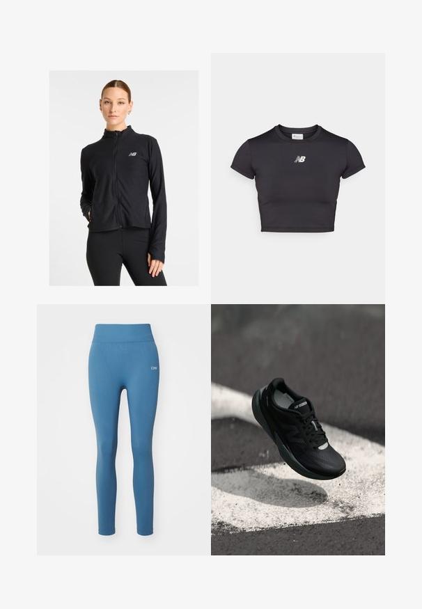 Chaqueta negra de cremallera fabricada con un tejido ligero, que presenta un cuello alto, mangas largas y un pequeño logotipo en el lado izquierdo del pecho.; Camiseta deportiva negra recortada con mangas cortas, hecha de tela elástica. Presenta un logo blanco en el frente, escote redondeado y un diseño ajustado.; Leggings azules con una textura suave, cintura alta y un logotipo sutil en la cadera. Ajuste ceñido, de largo completo, adecuados para ropa activa.; Zapatilla de correr negra con un upper texturizado, diseño elegante y acentos reflectantes. Presenta una suela suave y acolchada para mayor comodidad.