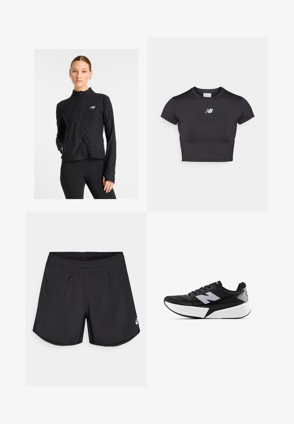 Musta vetoketjullinen takki, joka on valmistettu kevyestä kankaasta, ja siinä on korkea kaulus, pitkät hihat sekä pieni logo vasemmassa rinnassa.; Musta lyhythihainen urheilupaita, joka on lyhyt ja valmistettu venyvästä kankaasta. Edessä on valkoinen logo, pyöreä pääntie ja vartalonmyötäinen muotoilu.; Mustat urheilushortsit, joissa on joustava vyötärö, sileä pinta ja huomaamattomat sivuhalkiot. Ominaisuutena pieni valkoinen logo oikeassa alakulmassa.; Mustat ja valkoiset New Balance -juoksukengät, joissa on paksu pohja, verkkomateriaali päällä ja "N"-logo sivulla, nähtynä ulkopuolelta.