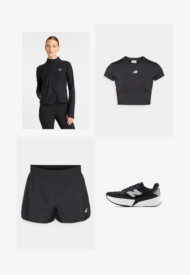 Veste zippée noire en tissu léger, avec un col haut, des manches longues et un petit logo sur la poitrine gauche.; T-shirt de sport noir, court et à manches courtes, fabriqué en tissu extensible. Présente un logo blanc sur le devant, un col rond et un design ajusté.; Shorts de sport noirs avec une taille élastique, texture lisse, ourlet arrondi et accents en mesh sur les côtés. Présente un petit logo à l'avant.; Chaussure de course New Balance noir et blanc avec semelle épaisse, tige en mesh et logo "N" sur le côté, vue de l'extérieur.