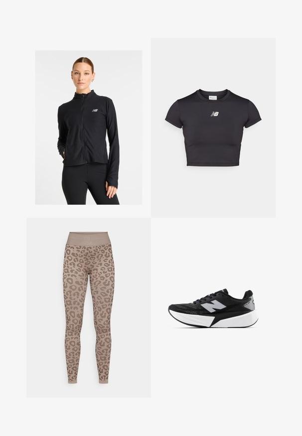 Svart zip-up jakke laget av et lett stoff, med høyt krage, lange ermer og en liten logo på venstre bryst.; Svart, kortermet treningstopp laget av elastisk stoff. Har en hvit logo på forsiden, rund halslinning og en tettsittende design.; Yogasearcher BIDAIA SEAMLESS LEGGING - Tights - cacao; Svart-og-hvitt New Balance joggesko med tykk såle, mesh-overdel og "N"-logo på siden, sett fra utsiden.