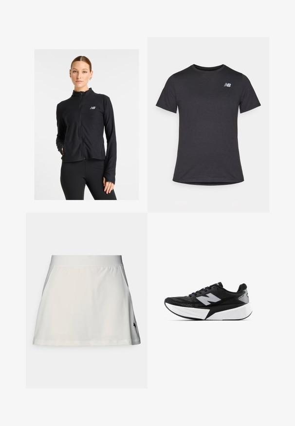 Chaqueta negra de cremallera fabricada con un tejido ligero, que presenta un cuello alto, mangas largas y un pequeño logotipo en el lado izquierdo del pecho.; Camiseta negra de manga corta hecha de una tela suave, con un pequeño logotipo gris de New Balance en la parte superior izquierda del pecho, diseño clásico de cuello redondo.; Falda atlética blanca con una textura suave, cinturilla elástica ancha y un pequeño logo negro en la parte inferior izquierda. Presenta un diseño acampanado.; Zapatilla de running New Balance en blanco y negro con suela gruesa, parte superior de malla y logo "N" en el lateral, vista desde el lado exterior.