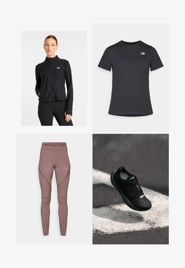Juodas užtrauktuku užsegamas džemperis, pagamintas iš lengvos medžiagos, su aukštu apykaklė, ilgomis rankovėmis ir mažuoju logotipu kairėje krūtinės pusėje.; Juodas trumpomis rankovėmis marškinėliai, pagaminti iš minkštos medžiagos, su mažą pilką New Balance logotipą viršutiniame kairiajame krūtinės srityje, klasikinio apvalaus iškirpimo dizainas.; Rudos aukšto juosmens leggingai, pagaminti iš tamprios medžiagos, su geometriniais siūlių raštais ir mažuoju logotipu kairėje pusėje.; Juodas bėgimo batelis su tekstūruotu viršumi, elegantišku dizainu ir atspindinčiomis detalėmis. Yra minkštas, paminkštintas padas patogumui.