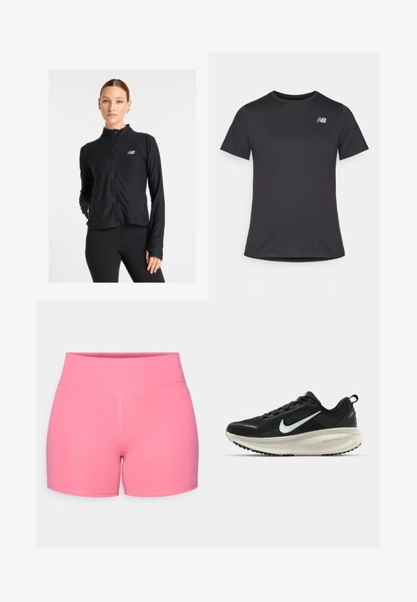 Giacca nera con zip realizzata in un tessuto leggero, con colletto alto, maniche lunghe e un piccolo logo sul lato sinistro del petto.; T-shirt nera a maniche corte realizzata in tessuto morbido, con un piccolo logo grigio New Balance posizionato sulla parte superiore sinistra del petto, design classico con girocollo.; Pantaloni sportivi rosa con una texture liscia, vita alta e cuciture piatte, progettati per garantire comfort e flessibilità durante l'attività fisica.; Scarpa da corsa nera Nike con tomaia in rete traspirante, logo Swoosh bianco, dettagli testurizzati e intersuola ZoomX di colore crema.