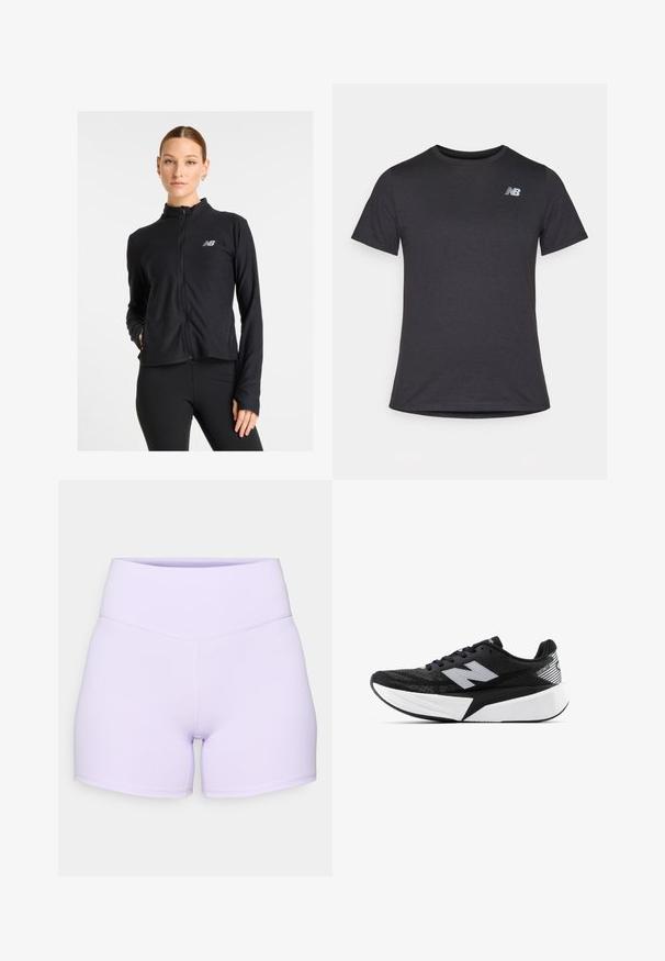 Jaqueta preta com fecho de correr, feita de um tecido leve, apresenta um gola alta, mangas longas e um pequeno logótipo no lado esquerdo do peito.; T-shirt preta de manga curta feita de tecido suave, com um pequeno logótipo cinza da New Balance no canto superior esquerdo do peito, design clássico de decote redondo.; Calções altos lilás feitos de tecido elástico. Apresenta costuras planas e um design ajustado com uma textura suave.; Sapatilha de corrida New Balance em preto e branco, com sola espessa, parte superior de malha e logótipo "N" de lado, vista do lado externo.