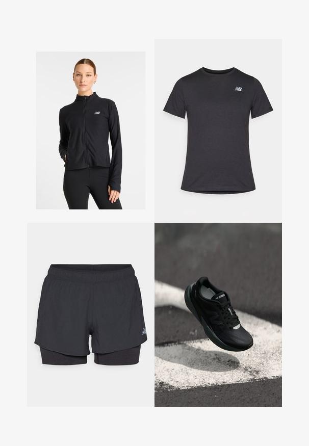 Juodas užtrauktuku užsegamas džemperis, pagamintas iš lengvos medžiagos, su aukštu apykaklė, ilgomis rankovėmis ir mažuoju logotipu kairėje krūtinės pusėje.; Juodas trumpomis rankovėmis marškinėliai, pagaminti iš minkštos medžiagos, su mažą pilką New Balance logotipą viršutiniame kairiajame krūtinės srityje, klasikinio apvalaus iškirpimo dizainas.; Juodos sportinės šortai su vidine pamušalu, turintys elastinę juosmenį, lygią tekstūrą ir atspindinčią logotipą šone.; Juodas bėgimo batelis su tekstūruotu viršumi, elegantišku dizainu ir atspindinčiomis detalėmis. Yra minkštas, paminkštintas padas patogumui.