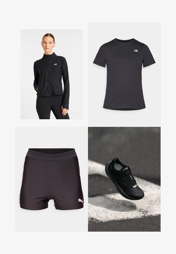 Jachetă neagră cu fermoar, realizată dintr-un material ușor, având un guler înalt, mâneci lungi și un mic logo pe pieptul stâng.; Tricou scurt cu mânecă neagră, fabricat dintr-un material moale, având un mic logo gri New Balance pe pieptul din stânga sus, cu un design clasic de gât.; Pantaloni scurți sport negri dintr-un material neted și elastic, cu un talie din plasă și un logo Puma auriu în partea stângă jos.; Pantofii de alergare negri cu un superior texturat, design elegant și accente reflectorizante. Dispun de o talpă moale și amortizată pentru confort.
