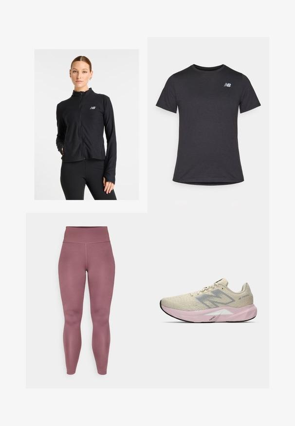 Melna rāvējslēdzēja jaka, kas izgatavota no viegla auduma, ar augstu apkakli, garām piedurknēm un mazu logo kreisajā krūtī.; Melnas īsām piedurknēm T-krekls, izgatavots no mīksta auduma, ar nelielu pelēku New Balance logo kreisajā augšējā krūtīs, klasiskā apaļā kakla dizainā.; Mauvā krāsas augstiem leggingi, kas izgatavoti no elastīga, gluda auduma ar bezšuvju dizainu un neredzamām šuvēm uz kājām.; Gai bežs skriešanas apavi ar pelēku "N" logotipu, rozā zoli ar uzrakstu "FuelCell" un teksturētu papēdi, novietoti uz baltas fona.