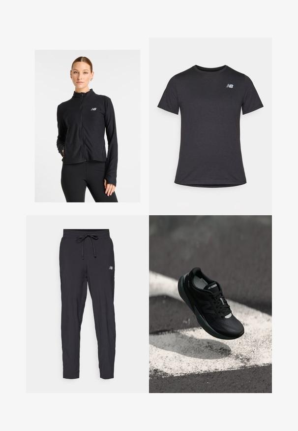 Svart zip-up jakke laget av et lett stoff, med høyt krage, lange ermer og en liten logo på venstre bryst.; Svart kortermet t-skjorte laget av myk stoff, med en liten grå New Balance-logo på øvre venstre bryst, klassisk rund hals design.; Svarte joggebukser laget av lett materiale med elastisk midje og justerbar snor. Har en liten logo på siden.; Svart løpesko med teksturert overdel, slank design og reflekterende detaljer. Har en myk, polstret såle for komfort.