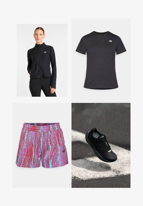 Melna rāvējslēdzēja jaka, kas izgatavota no viegla auduma, ar augstu apkakli, garām piedurknēm un mazu logo kreisajā krūtī.; Melnas īsām piedurknēm T-krekls, izgatavots no mīksta auduma, ar nelielu pelēku New Balance logo kreisajā augšējā krūtīs, klasiskā apaļā kakla dizainā.; Krāsaini sporta šorti rozā, sarkanā un tirkīza krāsā ar viļņotu rakstu. Iekļauj jostasvietu un nelielu logo apakšējā priekšējā daļā.; Melnas skriešanas kurpes ar teksturētu augšdaļu, glītu dizainu un atstarojošiem akcentiem. Iekļauj mīkstu, spilventiņu zoli komfortam.