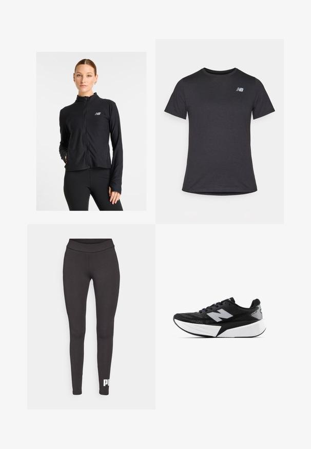Fekete cipzáras dzseki, könnyű anyagból készült, magas gallérral, hosszú ujjakkal és egy kis logóval a bal mellen.; Fekete, rövid ujjú póló puha anyagból, a bal felső mellrészen egy kis szürke New Balance logóval, klasszikus kerek nyakú fazonnal.; Fekete leggings rugalmas anyagból, magas derékkal és fehér logóval, amely a bal alsó lábszáron található. Sima textúrájú.; Fekete-fehér New Balance futócipő vastag talppal, hálós felsőrésszel és "N" logóval az oldalon, külső nézetből.