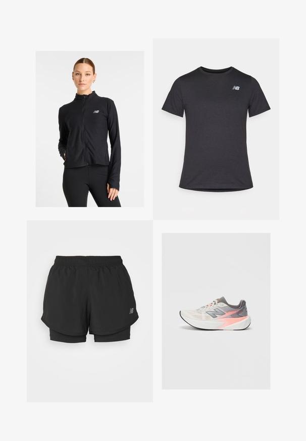 Juodas užtrauktuku užsegamas džemperis, pagamintas iš lengvos medžiagos, su aukštu apykaklė, ilgomis rankovėmis ir mažuoju logotipu kairėje krūtinės pusėje.; Juodas trumpomis rankovėmis marškinėliai, pagaminti iš minkštos medžiagos, su mažą pilką New Balance logotipą viršutiniame kairiajame krūtinės srityje, klasikinio apvalaus iškirpimo dizainas.; Juodos sportinės šortai su elastinga juosmens juosta, turintys sluoksniuotą dizainą ir vidinį pamušalą. Audinys atrodo lengvas ir lygus.; Šviesiai pilkos ir rožinės spalvos New Balance bėgimo bateliai su storu baltu padu ir juodu padu, šoninis vaizdas ant vientiso fono.