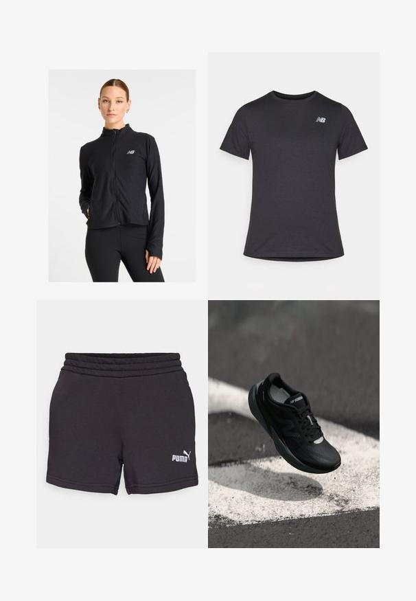 Chaqueta negra de cremallera fabricada con un tejido ligero, que presenta un cuello alto, mangas largas y un pequeño logotipo en el lado izquierdo del pecho.; Camiseta negra de manga corta hecha de una tela suave, con un pequeño logotipo gris de New Balance en la parte superior izquierda del pecho, diseño clásico de cuello redondo.; Pantalones cortos atléticos negros hechos de una tela suave, con una cinturilla gruesa y el logo de Puma en blanco en la parte inferior izquierda.; Zapatilla de correr negra con un upper texturizado, diseño elegante y acentos reflectantes. Presenta una suela suave y acolchada para mayor comodidad.