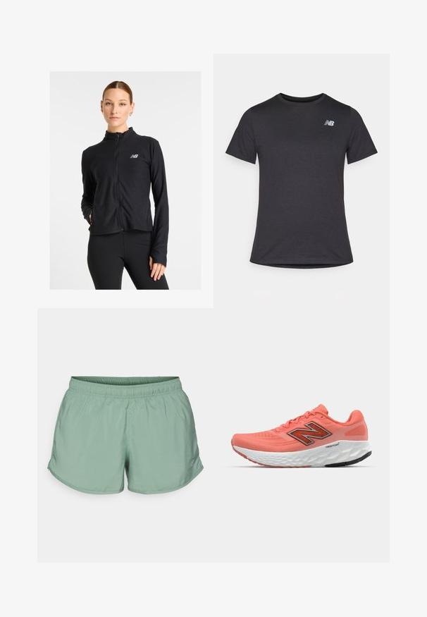 Juodas užtrauktuku užsegamas džemperis, pagamintas iš lengvos medžiagos, su aukštu apykaklė, ilgomis rankovėmis ir mažuoju logotipu kairėje krūtinės pusėje.; Juodas trumpomis rankovėmis marškinėliai, pagaminti iš minkštos medžiagos, su mažą pilką New Balance logotipą viršutiniame kairiajame krūtinės srityje, klasikinio apvalaus iškirpimo dizainas.; Šviesiai žali sportiniai šortai su elastinga juosta, šoninėmis skverais ir logotipo detale apatiniame priekyje. Pagaminti iš lygaus, kvėpuojančio audinio.; Koraliniai bėgimo batai su tinkliniu paviršiumi, ryškiu juodu logotipu, paminkštintu liežuvėliu ir tekstūruotu baltu viduriu. Yra lanksčios guminės padangos.