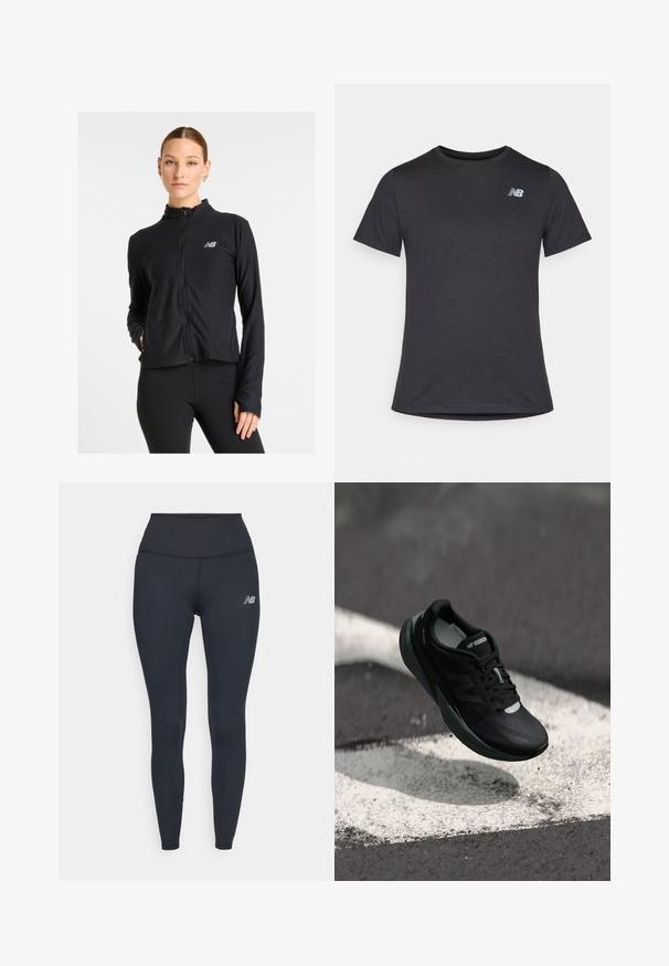 Black zip-up jacket made from a lightweight fabric, featuring a high collar, long sleeves, and a small logo on the left chest.; Black short-sleeve t-shirt made of soft fabric, featuring a small gray New Balance logo on the upper left chest, classic crew neck design.; Black high-waisted leggings made of stretchy material, featuring a sleek design and a small reflective logo on the thigh.; Black running shoe with a textured upper, sleek design, and reflective accents. Features a soft, cushioned sole for comfort.