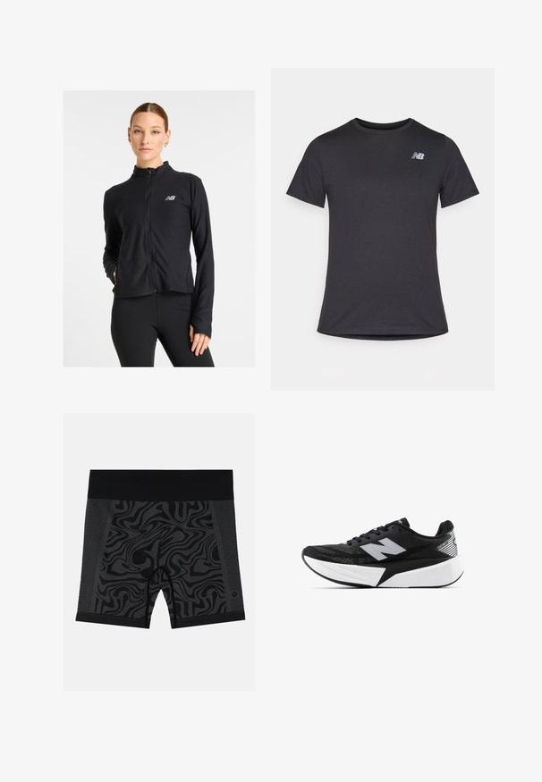 Fekete cipzáras dzseki, könnyű anyagból készült, magas gallérral, hosszú ujjakkal és egy kis logóval a bal mellen.; Fekete, rövid ujjú póló puha anyagból, a bal felső mellrészen egy kis szürke New Balance logóval, klasszikus kerek nyakú fazonnal.; Fekete sportnadrág hullámos mintával, oldalán légáteresztő betétekkel és egyszínű fekete derékrésszel. Simasztikus, rugalmas anyag.; Fekete-fehér New Balance futócipő vastag talppal, hálós felsőrésszel és "N" logóval az oldalon, külső nézetből.