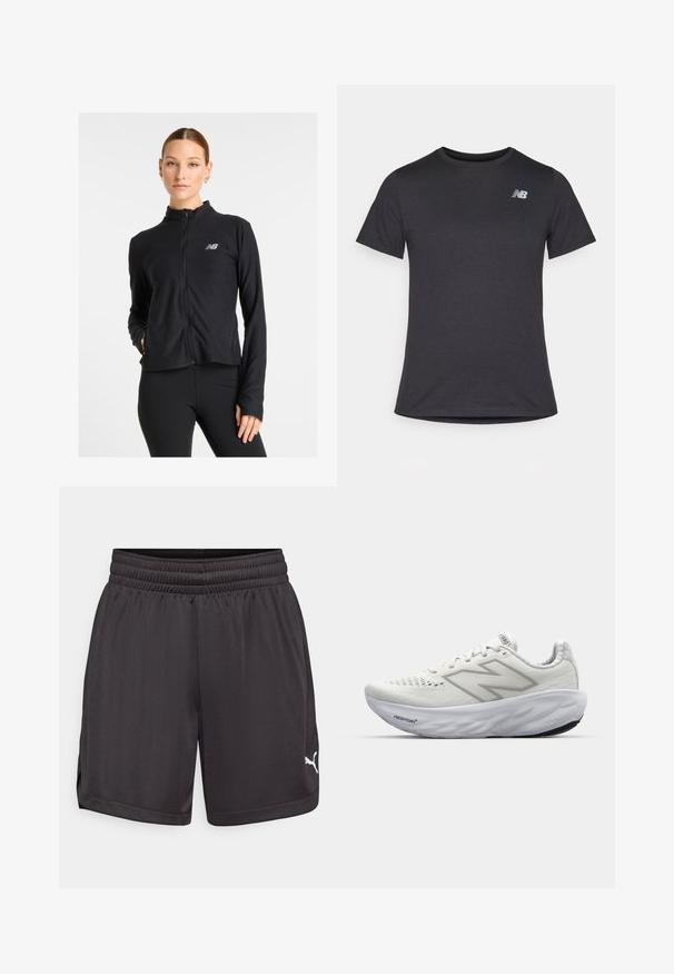 Svart zip-up jacka i ett lätt material, med hög krage, långa ärmar och en liten logotyp på vänster bröst.; Svart t-shirt med kort ärm, tillverkad av mjukt tyg, med en liten grå New Balance-logotyp på övre vänstra bröstet, klassisk rundhalsdesign.; Svarta atletiska shorts i lätt tyg, med resårmidja och sidsprund för rörelsefrihet. Vit logotyp på den nedre sidan.; Vita sportskor i vitt med ovandel i mesh, utrustade med en vadderad krage, texturerad sula och "Fresh Foam"-logotyp på mellansulan.