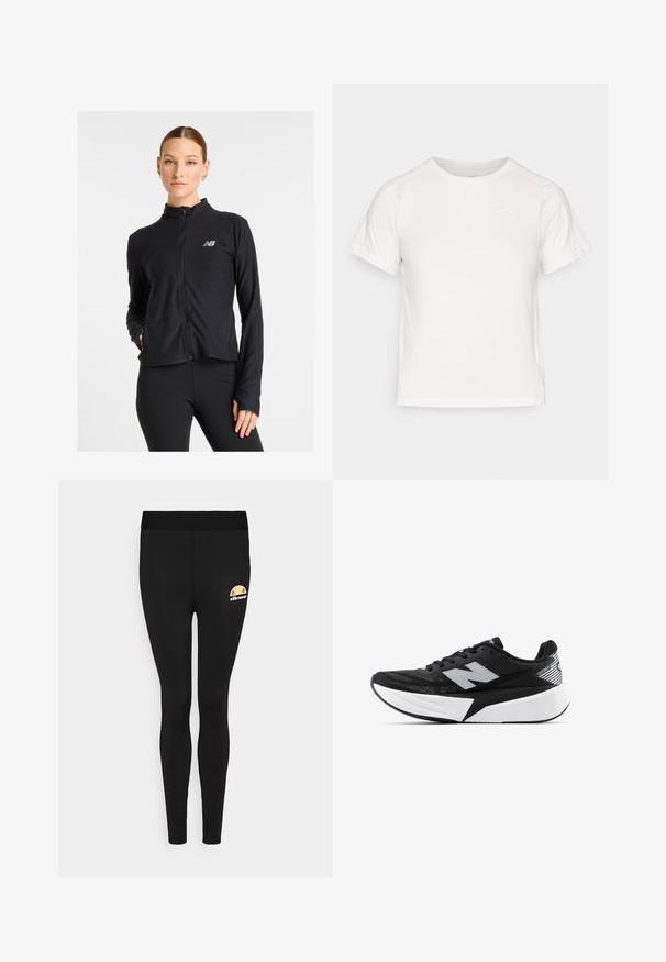 Czarna kurtka zapinana na zamek wykonana z lekkiego materiału, z wysokim kołnierzem, długimi rękawami i małym logo na lewej piersi.; Lekka biała koszulka z krótkim rękawem, okrągłym dekoltem i małym logo w lewym górnym rogu. Gładki materiał o subtelnej połysku.; Czarne legginsy wykonane z gładkiego materiału, o dopasowanym kształcie i elastycznym pasie. Wyszywane logo w kolorze czerwonym, żółtym i białym po boku.; Czarno-biała biegowa sneaker New Balance z grubą podeszwą, siateczkowym wierzchem i logo "N" z boku, widok od strony zewnętrznej.