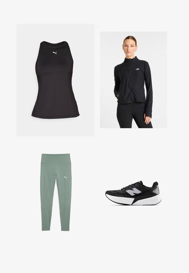 Juodas užtrauktuku užsegamas džemperis, pagamintas iš lengvos medžiagos, su aukštu apykaklė, ilgomis rankovėmis ir mažuoju logotipu kairėje krūtinės pusėje.; Puma RACERBACK TANK - Viršus - black; Mėtų žalios spalvos legginai su aukštu liemeniu, elastinga medžiaga, plokščiomis siūlėmis ir baltu Puma logotipu kairėje pusėje.; Juodai balta New Balance bėgimo batai su storesne pado dalimi, tinklinė viršutinė dalis ir "N" logotipas šone, matoma iš išorinės pusės.