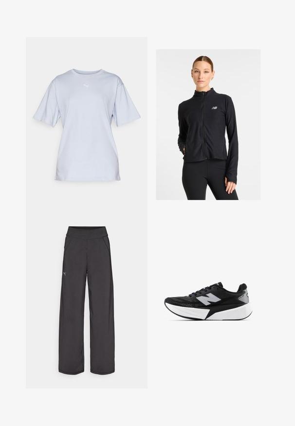 Czarna kurtka zapinana na zamek wykonana z lekkiego materiału, z wysokim kołnierzem, długimi rękawami i małym logo na lewej piersi.; Jasnoniebieska bawełniana koszulka z krótkim rękawem, okrągłym dekoltem i haftowanym białym logo na klatce piersiowej. Gładka faktura i luźny krój.; Czarne spodnie sportowe z szerokim pasem, bocznymi kieszeniami i płaskimi szwami. Posiadają małe logo na lewej nogawce. Wykonane z gładkiego, elastycznego materiału.; Czarno-biała biegowa sneaker New Balance z grubą podeszwą, siateczkowym wierzchem i logo "N" z boku, widok od strony zewnętrznej.