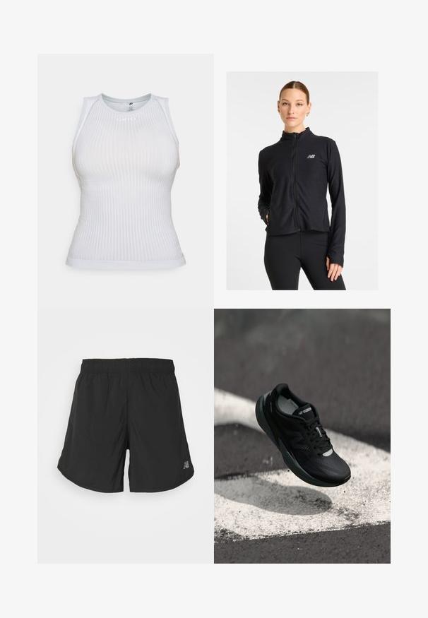 Sort bæltetaske lavet af et letvægtsstof, med høj krave, lange ærmer og et lille logo på venstre bryst.; Hvid tætsiddende ærmeløs top med ribbet struktur, rund halsudskæring og diskret logo detaljer. Glat stof og minimalistisk design.; Sorte atletiske shorts lavet af letvægtsstof med en elastisk talje, prydet med et diskret logo på det ene ben og et strømlinet design.; Sort løbesko med et tekstureret overdel, strømlinet design og reflekterende detaljer. Har en blød, polstret sål for komfort.