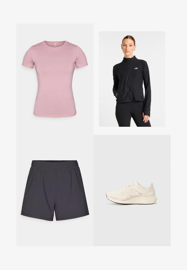 Czarna kurtka zapinana na zamek wykonana z lekkiego materiału, z wysokim kołnierzem, długimi rękawami i małym logo na lewej piersi.; T-shirt z krótkim rękawem w delikatnym różowym kolorze, wykonany z teksturowanej tkaniny o dopasowanym kroju. Posiada okrągły dekolt i standardowy dół bez ozdób.; Czarne szorty sportowe wykonane z lekkiego, elastycznego materiału. Posiadają elastyczny pas i prosty, nieozdobiony design.; Jasno beżowy but do biegania z teksturowaną siateczką u góry, różową linią akcentu, amortyzowaną podeszwą i odbijającym srebrnym logo po bokach.