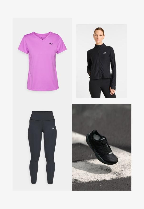 Svart zip-up jakke laget av et lett stoff, med høyt krage, lange ermer og en liten logo på venstre bryst.; Puma kortermet T-skjorte i lys rosa, med V-hals-design og svart logoaccent på venstre bryst. Glatt, lett stoff.; Sorte treningsbukser med høy midje, med en jevn tekstur og en liten hvit New Balance-logo på låret.; Svart løpesko med teksturert overdel, slank design og reflekterende detaljer. Har en myk, polstret såle for komfort.