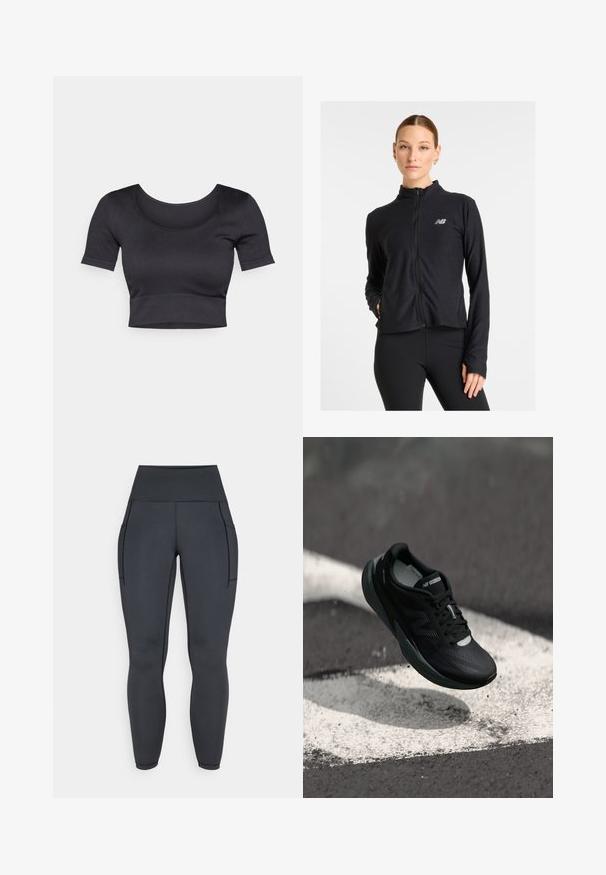 Black zip-up jacket made from a lightweight fabric, featuring a high collar, long sleeves, and a small logo on the left chest.; Black ribbed cropped top with short sleeves, wide round neckline, and a fitted band at the bottom. Soft texture, casual design.; High-waisted black leggings made of stretchy, smooth fabric. Features two side pockets and contrast stitching along the seams.; Black running shoe with a textured upper, sleek design, and reflective accents. Features a soft, cushioned sole for comfort.