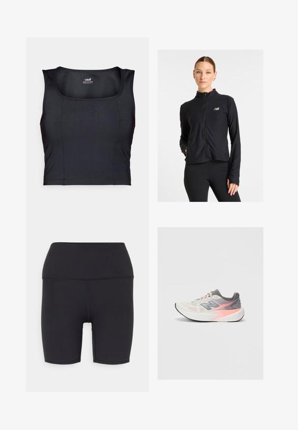 Juodas užtrauktuku užsegamas džemperis, pagamintas iš lengvos medžiagos, su aukštu apykaklė, ilgomis rankovėmis ir mažuoju logotipu kairėje krūtinės pusėje.; Juodas sportinis trumpas marškinėlis, pagamintas iš lygaus audinio, turi apvalų kaklą, be rankovių dizainą ir subtilius siuvimo akcentus.; Juodos sportinės šortai, pagaminti iš tamprios medžiagos, su aukštu juosmeniu, lygia tekstūra ir be matomų raštų ar detalių.; Šviesiai pilkos ir rožinės spalvos New Balance bėgimo bateliai su storu baltu padu ir juodu padu, šoninis vaizdas ant vientiso fono.