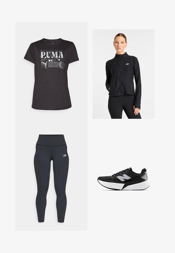 Chaqueta negra de cremallera fabricada con un tejido ligero, que presenta un cuello alto, mangas largas y un pequeño logotipo en el lado izquierdo del pecho.; Camiseta negra de manga corta con un estampado gráfico plateado que presenta "PUMA" y varios motivos deportivos. Tela suave, ajuste clásico y escote redondo.; Leggings deportivos negros con una cintura alta, que presentan una textura suave y un pequeño logo blanco de New Balance en el muslo.; Zapatilla de running New Balance en blanco y negro con suela gruesa, parte superior de malla y logo "N" en el lateral, vista desde el lado exterior.