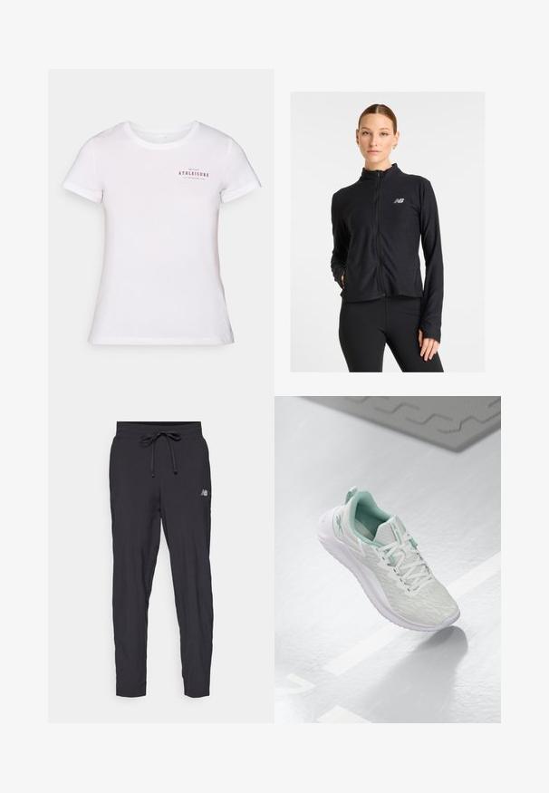 Must mustusega kapuutsiga jakk, valmistatud kergest kangast, millel on kõrge kaelus, pikad varrukad ja väike logo vasakul rinnal.; Valge puuvillane T-särk, millel on lühikesed varrukad ja ümar kaelus. Esiküljel on punane tekst: "ONLY PLAY ATHLEISURE EST. ACTIVE LIFE 2006."; Kerged mustad spordipüksid, mis on valmistatud kergest materjalist, elastse vöökoha ja reguleeritava nööriga. Küljel on väike logo.; Heledad hallitushallide spordijalanõud tekstuurse kudumise ülaosaga, mündiroheline aktsent, valged nöörid, kummist tald ja tõmblõng kandmisel.