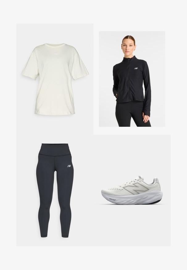 Veste zippée noire en tissu léger, avec un col haut, des manches longues et un petit logo sur la poitrine gauche.; T-shirt en coton beige clair avec des manches courtes, un col rond et un petit logo blanc Puma centré sur la poitrine. Coupe douce et décontractée.; Leggings de sport noirs avec une taille haute, possédant une texture lisse et un petit logo blanc New Balance sur la cuisse.; Baskets de sport blanches avec une tige en mesh, dotées d'un col rembourré, d'une semelle texturée et du marquage "Fresh Foam" sur la semelle intermédiaire.
