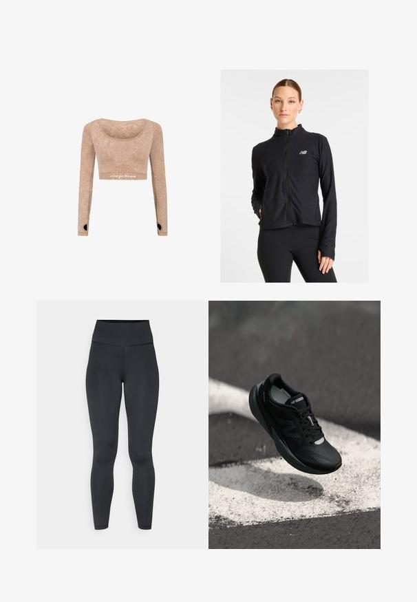 Juodas užtrauktuku užsegamas džemperis, pagamintas iš lengvos medžiagos, su aukštu apykaklė, ilgomis rankovėmis ir mažuoju logotipu kairėje krūtinės pusėje.; Pailgiais rankovėmis trumpas viršus šviesiai rudos spalvos, pagamintas iš minkštos medžiagos su lygiu paviršiumi; turi apvalų iškirpimą ir nykščių angas rankovėse.; Aukštos juosmens juodos legginsai, pagaminti iš tamprios medžiagos, pasižymintys lygiu paviršiumi ir Prigludusia forma, su minimaliais siuvimo elementais.; Juodas bėgimo batelis su tekstūruotu viršumi, elegantišku dizainu ir atspindinčiomis detalėmis. Yra minkštas, paminkštintas padas patogumui.