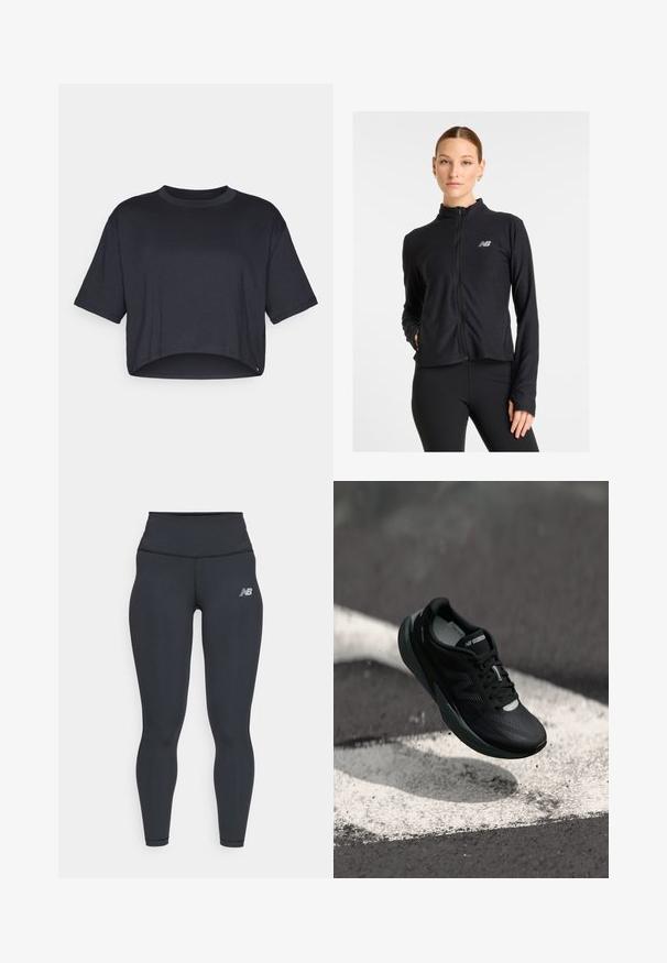 Zwarte zip-up jack gemaakt van een lichtgewicht stof, met een hoge kraag, lange mouwen en een klein logo op de linkerkant van de borst.; Gesneden zwart T-shirt van zachte katoen, met een ronde halslijn en korte mouwen met een nette zoom en zonder zichtbare patronen of accenten.; Zwarte sportieve leggings met een hoge tailleband, met een gladde textuur en een klein wit New Balance-logo op de bovenbeen.; Zwarte hardloopschoen met een gestructureerde bovenkant, slank ontwerp en reflecterende accenten. Heeft een zachte, gevoerde zool voor comfort.