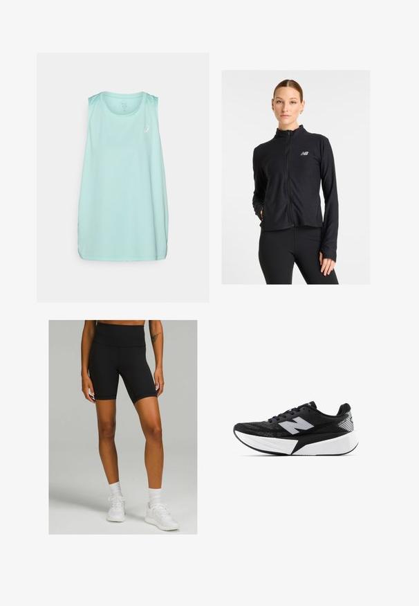 Musta vetoketjullinen takki, joka on valmistettu kevyestä kankaasta, ja siinä on korkea kaulus, pitkät hihat sekä pieni logo vasemmassa rinnassa.; Taivasinen sininen hihaton urheilupaita, jossa on pyöreä pääntie ja pieni valkoinen logo edessä. Valmistettu sileästä, kosteutta siirtävästä kankaasta.; Mustat korkea vyötäröiset pyöräilyshortsit, jotka on valmistettu joustavasta kankaasta, slim fit -mallilla ja puolivälin reitteen pituudella, yhdistettynä valkoisiin urheilukenkään ja sukkiin.; Mustat ja valkoiset New Balance -juoksukengät, joissa on paksu pohja, verkkomateriaali päällä ja "N"-logo sivulla, nähtynä ulkopuolelta.
