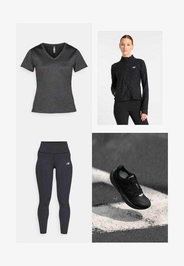 Svart zip-up jakke laget av et lett stoff, med høyt krage, lange ermer og en liten logo på venstre bryst.; Mørk grå V-hals T-skjorte med korte ermer, laget av et glatt stoff. Har en subtil logo på brystet og en slim fit-design.; Sorte treningsbukser med høy midje, med en jevn tekstur og en liten hvit New Balance-logo på låret.; Svart løpesko med teksturert overdel, slank design og reflekterende detaljer. Har en myk, polstret såle for komfort.